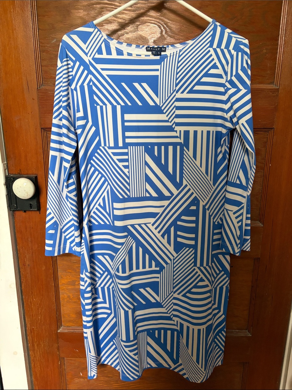 Melly M Blue and White Long-Sleeve Geometric Dress